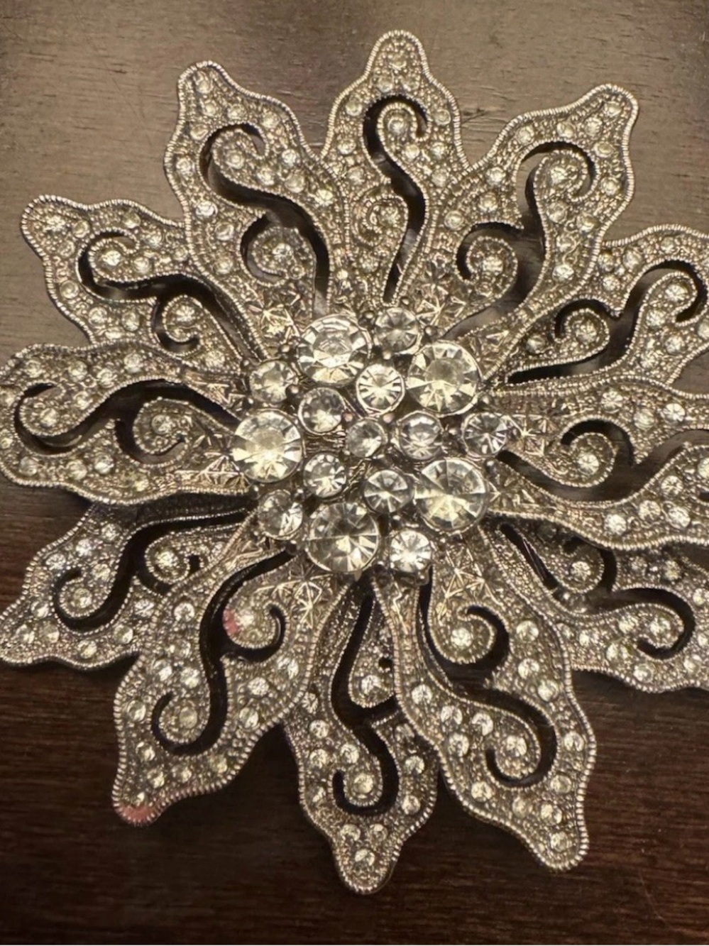 Source Unknown Silver Crystal Snowflake Brooch